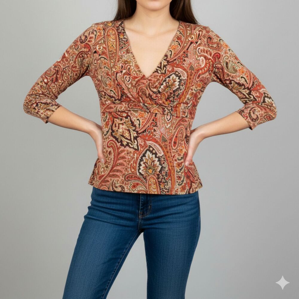 VTG Y2K International 3/4 Sleeve Babydoll V Neck Sequins Paisley Fairy Top No Sz